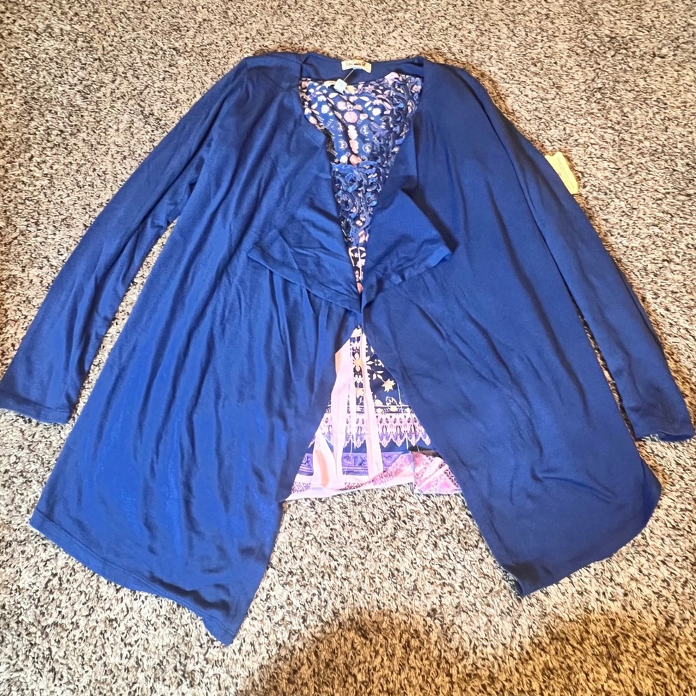 One World Womens 2pc Set Blue Floral Tunic Crochet Neck & Open Front Cardigan XS